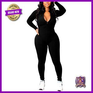 Seamless Ribbed Jumpsuit with Zipper, Plus Size Bodycon Romper for Workout